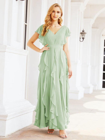 Robe de demoiselle d'honneur à volants et manches longues, robe de soirée formelle 28041 