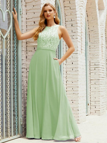 Vestido de dama de honor de encaje, largo hasta el suelo, con bolsillos, 28017 