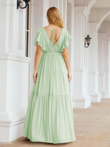 Baoleely Women's Open Back Formal Evening Party Prom Gowns V-Neck Long Chiffon Bridesmaid Dresses with Waist Belt 28038