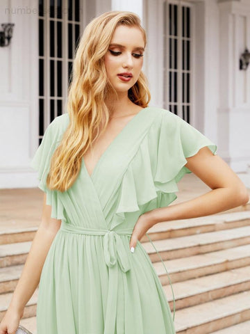 Baoleely Women's Open Back Formal Evening Party Prom Gowns V-Neck Long Chiffon Bridesmaid Dresses with Waist Belt 28038