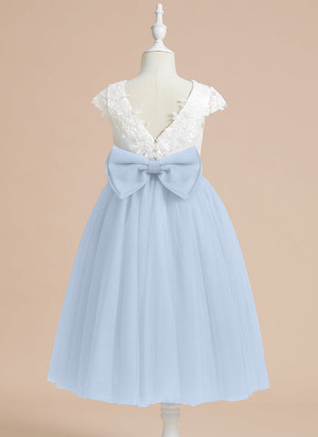 A-line Satin Tulle Tea-length First Communion Flower Girl Dress