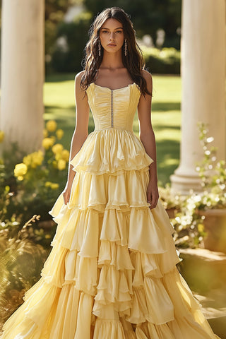 A Line Light Yellow Tiered Strapless Long Prom Dress