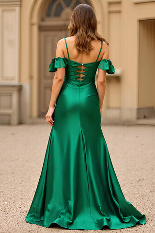 Dark Green Cold Shoulder Satin Long Prom Dress with Slit