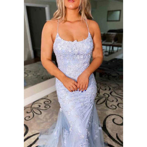 Vestido formal de noche para graduación, sin mangas, con tirantes finos y apliques de tul