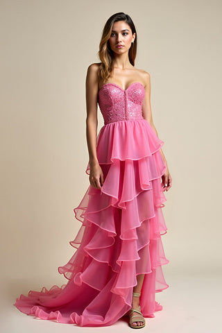 Sweetheart Coral A Line Long Prom Dress with Ruffles