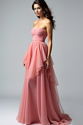 Dusty Rose Strapless Ruched Long Prom Dress with Ruffles