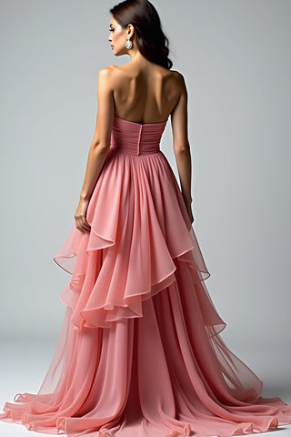 Dusty Rose Strapless Ruched Long Prom Dress with Ruffles