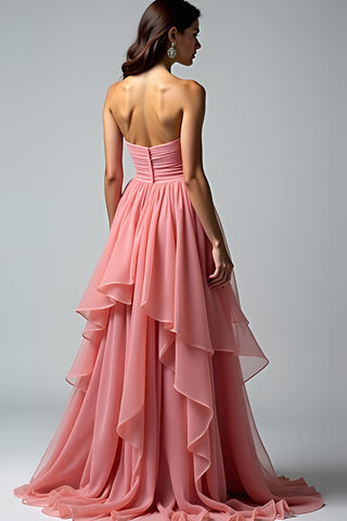 Dusty Rose Strapless Ruched Long Prom Dress with Ruffles
