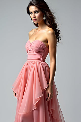 Dusty Rose Strapless Ruched Long Prom Dress with Ruffles