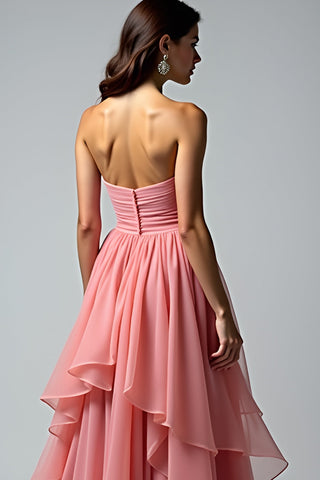 Dusty Rose Strapless Ruched Long Prom Dress with Ruffles