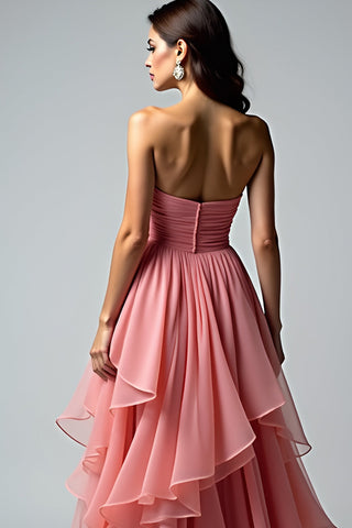 Dusty Rose Strapless Ruched Long Prom Dress with Ruffles