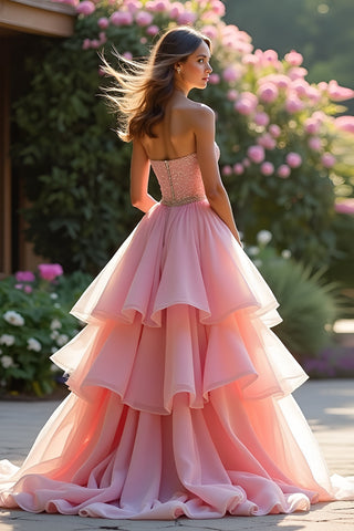 A Line Pink Tiered Long Prom Dress with Ruffles