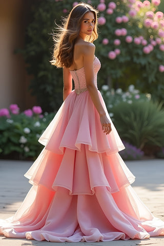 A Line Pink Tiered Long Prom Dress with Ruffles