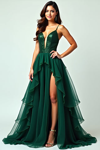 A Line Dark Green Ruffled Long Prom Dress with Slit