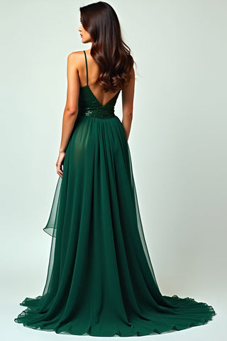 A Line Dark Green Ruffled Long Prom Dress with Slit
