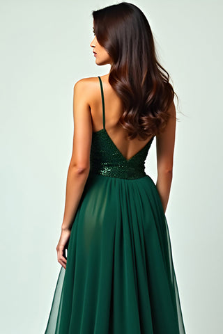 A Line Dark Green Ruffled Long Prom Dress with Slit