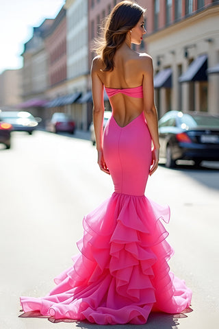 Strapless Fuchsia Sheath Long Prom Dress with Ruffles