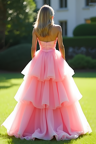 A Line Pink Sweetheart Tiered Long Prom Dress