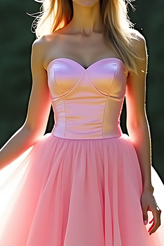 A Line Pink Sweetheart Tiered Long Prom Dress