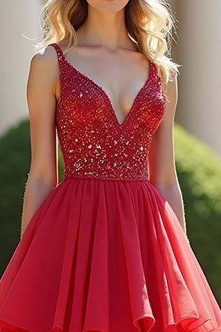 A Line Red Ruffled Tiered Long Prom Dress with Beading