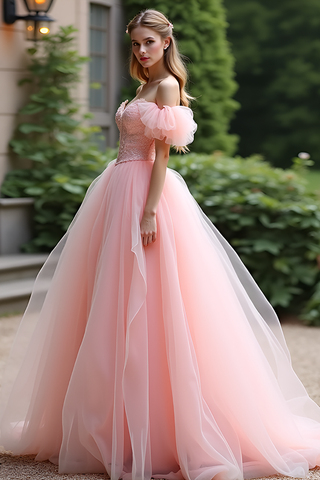 Pink Ball Gown Tulle Lace Long Prom Dress with Ruffles