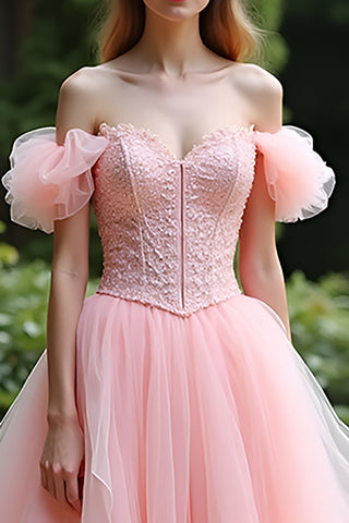 Pink Ball Gown Tulle Lace Long Prom Dress with Ruffles