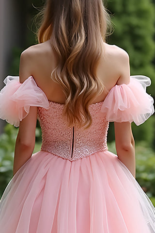 Pink Ball Gown Tulle Lace Long Prom Dress with Ruffles