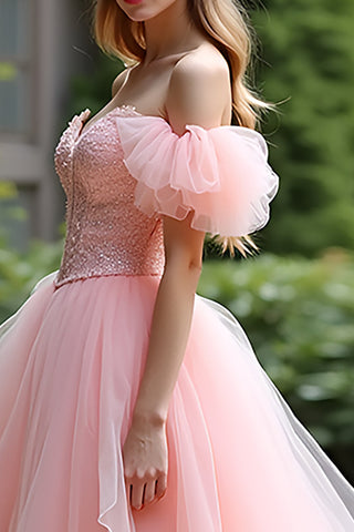 Pink Ball Gown Tulle Lace Long Prom Dress with Ruffles