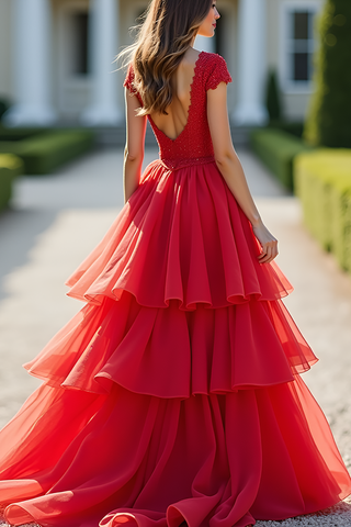 A Line Tiered Red Lace Deep V-Neck Long Prom Dress