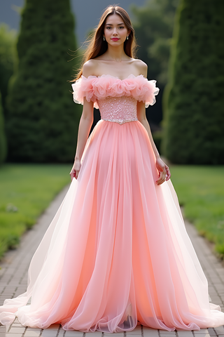 Robe de bal longue rose à épaules dénudées et coupe trapèze froncée