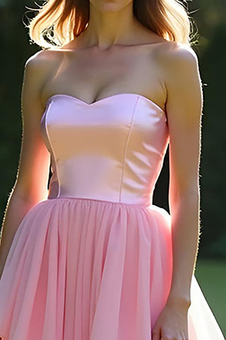 Pink Strapless Tiered A Line Long Prom Dress