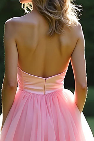 Pink Strapless Tiered A Line Long Prom Dress