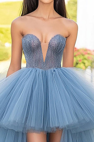 Robe de bal asymétrique en tulle gris-bleu à ourlet asymétrique
