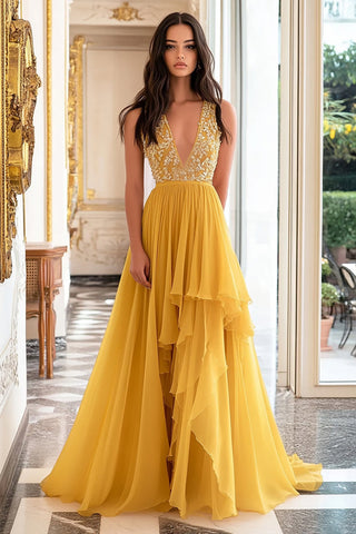 Yellow Deep V-Neck A Line Long Prom Dress with Appliques