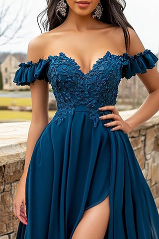 Appliqued Navy Off the Shoulder Ruffled Long Prom Dress with Slit
