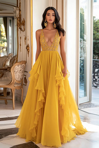 Deep V-Neck Yellow Ruched Long Prom Dress with Ruffles
