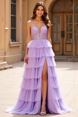 Strapless A Line Lilac Long Prom Dress with Slit