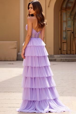 Strapless A Line Lilac Long Prom Dress with Slit