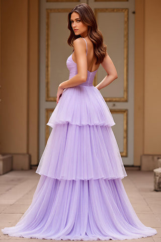 Lilac Tiered Tulle A Line Long Prom Dress with Slit