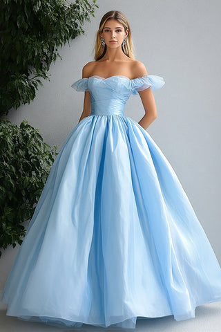Sweetheart Sky Blue Ball Gown Off the Shoulder Long Prom Dress