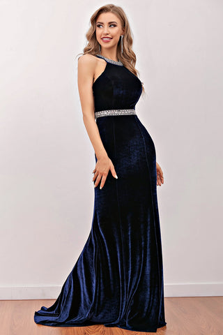 Navy Mermaid Velvet Long Prom Dress