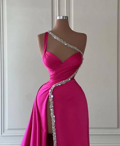Magnifique robe de bal longue asymétrique en satin ornée de perles, fente, Y7692
