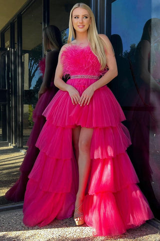 A-line High-Low Strapless Ruffled Tulle Prom Dress with Feathers
