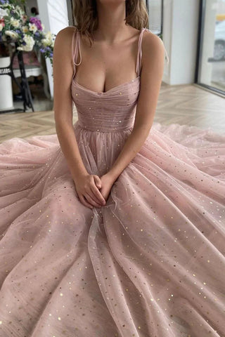 A Line Spaghetti Straps Blush Tea Length Prom Dress