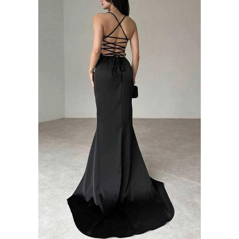 Robe de soirée simple à lacets et sans bretelles, style trompette 