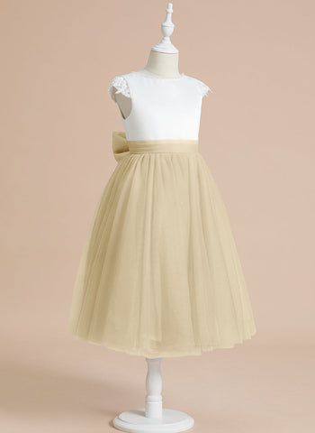 A-line Satin Tulle Tea-length First Communion Flower Girl Dress