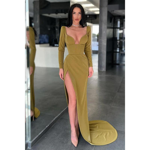 Vestido de noche formal sexy con escote en V y abertura alta y mangas largas 