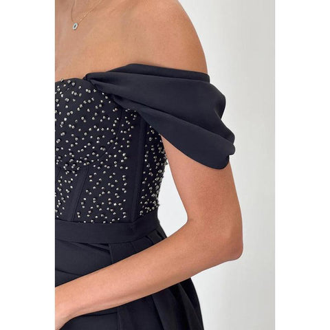 Robe de bal de fin d'année simple, épaules dénudées, manches courtes, fente, strass et perles