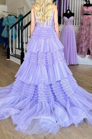 Tulle Tiered Spaghetti Straps Long Prom Dress with Slit