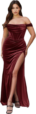 Robe de bal sirène fendue en velours pour femme, robe de demoiselle d'honneur longue à épaules dénudées, robe de soirée bustier 